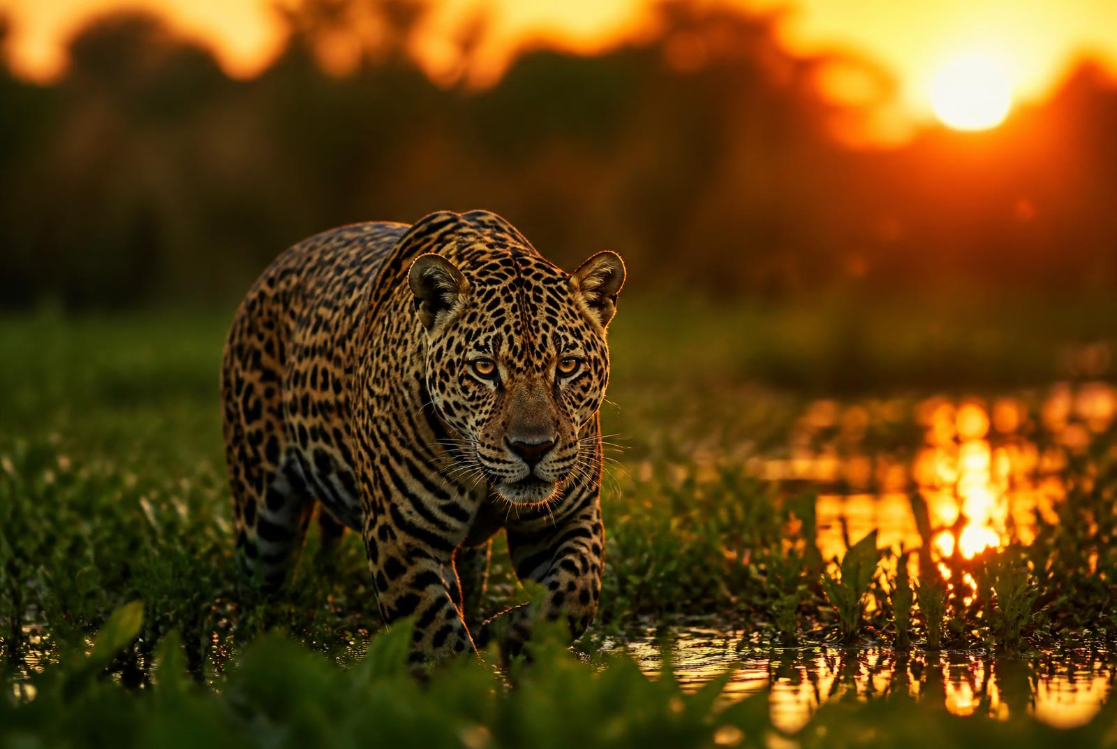 Onça-pintada caminhando em área alagada do Pantanal ao entardecer